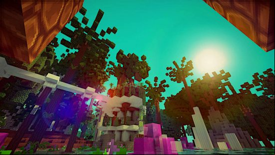 Best Minecraft maps - the Teramia map has large palm trees and purple water fountains.