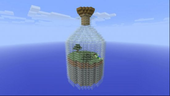 Best Minecraft maps - a small world with only a couple of trees stuck inside of a glass jar.