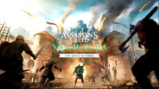The AC Valhalla Siege of Paris key art, showing Eivor standing in front of a castle, ready to fight.
