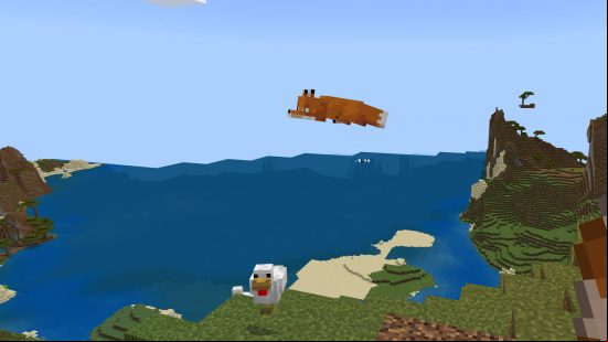 Minecraft fox - a fox is in mid-pounce on an unsuspecting chicken nearby.