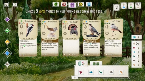 Best PC board games - five cards with different birds on them in Wingspan.