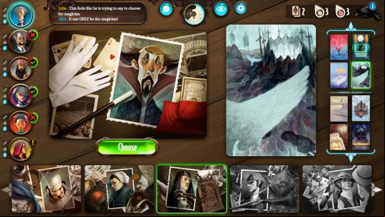 Best PC board games - several cards showing who could potentially be the murderer, along with a card with an abstract image of snow in Mysterium.