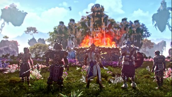 Last Epoch release date: Five Travelers stand on the lush environment of Eterra before its ruin.