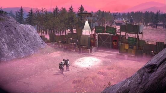 Best apocalypse games - Surviving the Aftermath: three survivors approach a ramshackle gate to a survivor outpost 