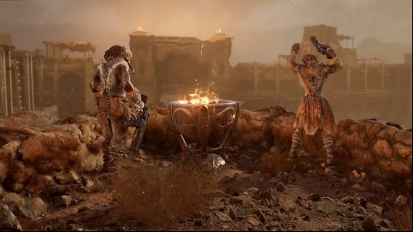 Two bandits standing next to a brazier that's lit in a ruined city above the Wellspring in Outriders New Horizon. There is a sandstorm.