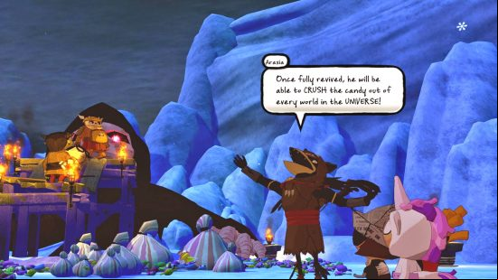 Best Christmas games - Araxia is proclaiming a prophecy while surrounded by kids in costumes gathering candy in Costume Quest: Grubbins on Ice.