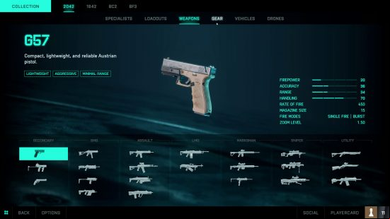 BF 2042 tier list: a handgun with a breakdown of its damage stats.