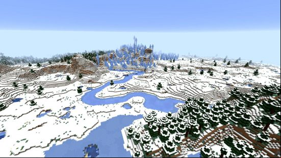 Best Christmas games - a wintry biome in Minecraft, complete with a frozen lake, snow-capped treesm and mountains.