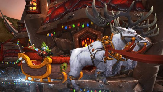 Best Christmas levels - an elf is riding a sleigh with white reindeer in World of Warcraft.