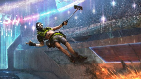 Apex Legends characters: a mashed man performs a stunt, leaping over an explosion while taking a selfie
