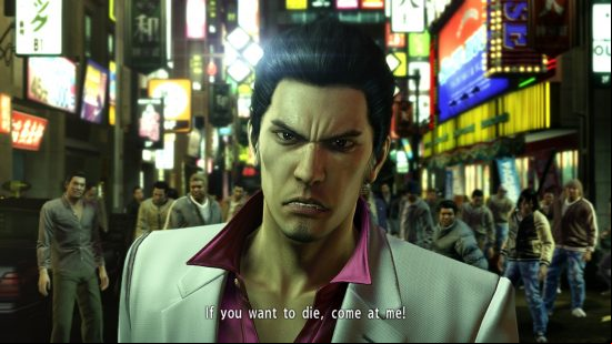 Best crime games on PC: A criminal in a white suit eggs on a ground of would-be attackers