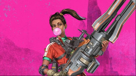 Apex Legends characters: a woman blows a bubble using chewing gum while holding a huge weapon