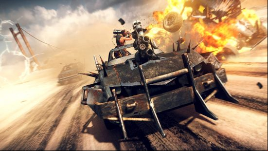 Best apocalypse games - Mad Max: A group of protaganists in a ratty vehicle drive through the desert