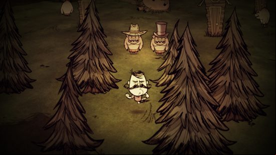 Best crafting games: A hand-drawn image of Wolfgang walking through the forest in Don't Starve