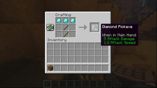 Best crafting games: The crafting table interface in Minecraft, with two sticks and three diamonds making a precious diamond pickaxe