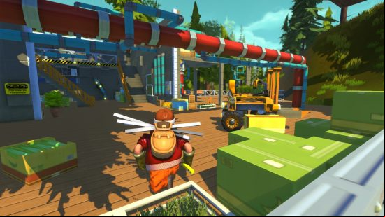 A mechanic hard at work in a colourful and cartoonish yard in one of the best crafting games, Scrap Mechanic