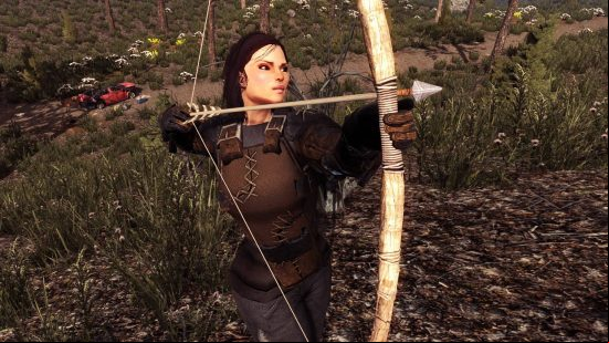 A lady aims her arrow at an unseen threat in one of the best crafting games, 7 Days to Die
