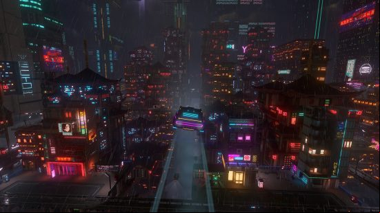 Best cyberpunk games - Cloudpunk: A neon car flies through the air in a dark, rainy, neon-filled city