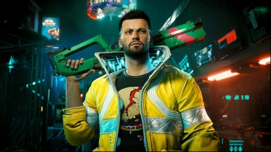 Best cyberpunk games - Cyberpunk 2077: The protagonist stands in a neon city with a bright-green cybernetic weapon over his shoulders