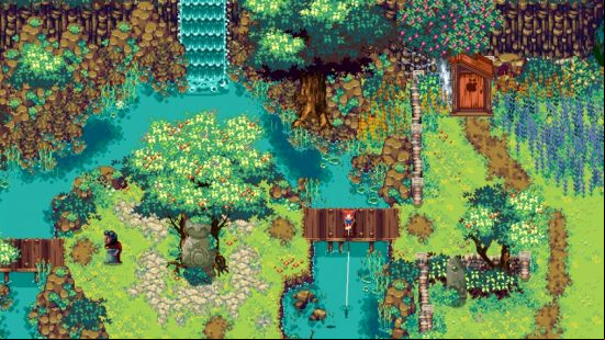 Best farming games - A top down view of the player character, a red-haired girl, fishing from a bridge.
