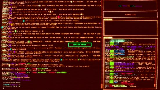 Best hacking games - Hackmud: an old-school, sepia-tinted computer screen filled with colourful code