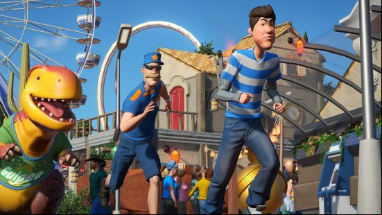 Tycoon games: a guard and a mascot chasing a miscreant in Planet Coaster