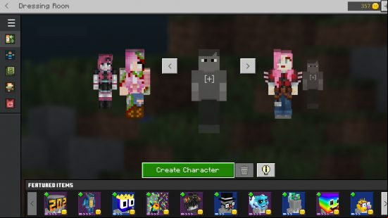 Change Minecraft skin: The Dressing Room character selection screen showing an empty slot next to other pre-loaded avatar skins