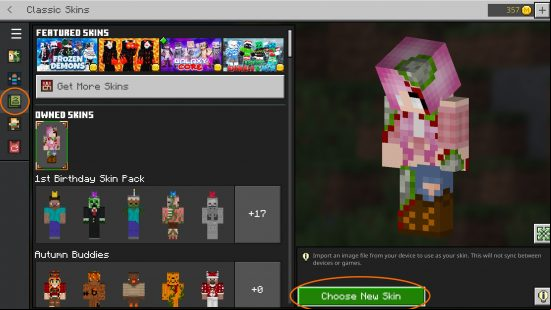 Change Minecraft skin: The classic skins tab on Bedrock edition where you can select to import a png image