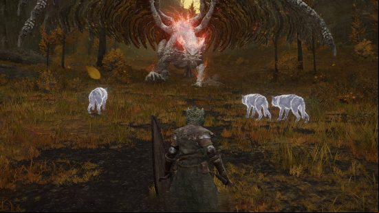 Elden Ring summons spirit ashes - the Tarnished summons three spirit wolves to attack the dragon ahead of them.