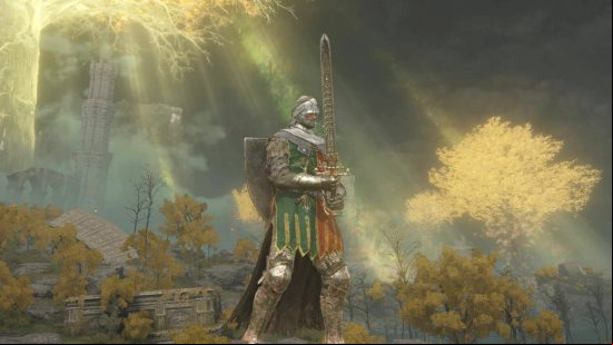 Best Elden Ring weapon arts - a Tarnished holding the Sword of Night and Flame as the Erdtree looms ahead.