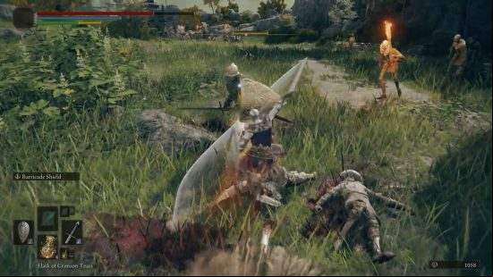A Tarnished Fighting against multiple enemies. The Tarnished's green stamina bar in the top left has some of the section in yellow for stamina that's currently being used.