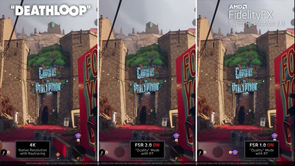 AMD FSR 2.0: A screenshot from Deathloop, running at Ultra settings, ray tracing enabled, comparing a native 4K image to FSR 1.0 and FSR 2.0 in their quality modes