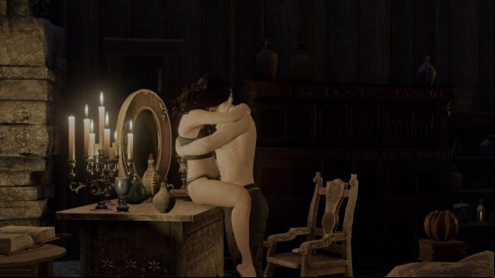 Best sex games - The Witcher 3: Geralt and Yennefer making out on a desk