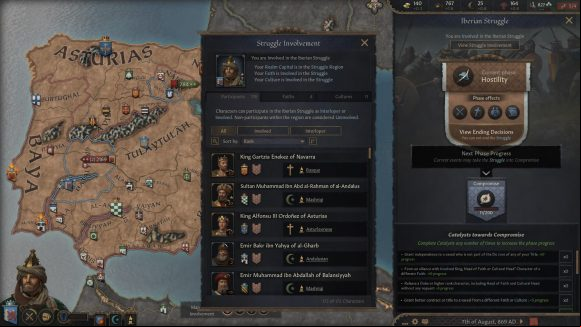 The new Crusader Kings 3 struggle menu displays the parties involved in the regional conflict.