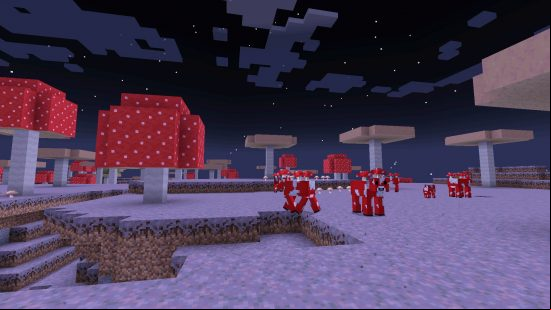 Minecraft biomes - a herd of Mooshrooms grazing in the Mushroom fields.