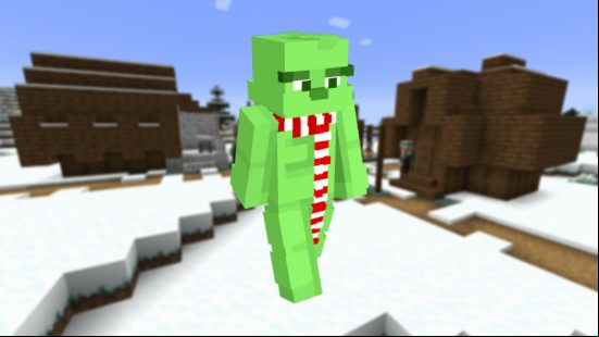 The Grinch Minecraft skin form, a bright green avatar with the Grinch's large eyebrows and red and white striped scarf.