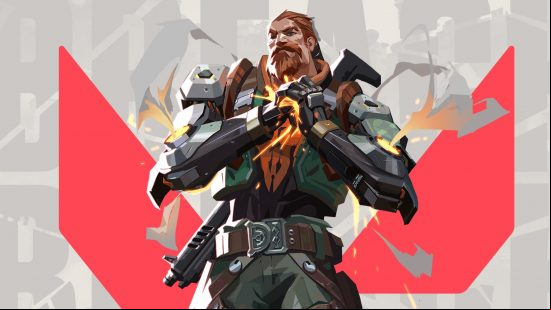 Valorant characters: Breach holds his hands together in fists in front of his chest, charging a powerful move as sparks light between them.