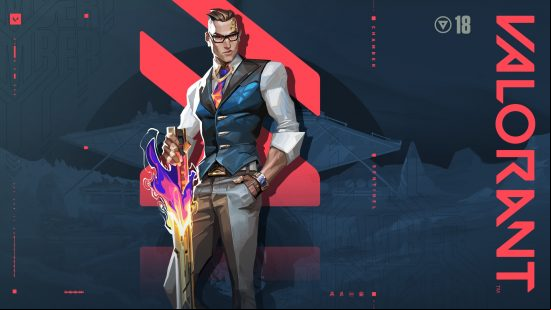 Valorant characters: Chamber stands in a smart waistcoast, shirt, and tailored tros, holding a flaming weapon.