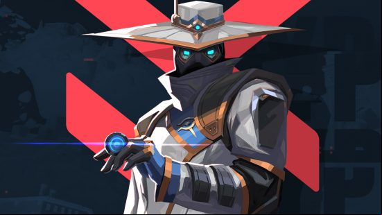 Valorant characters: Concept art for Cypher as he holds a glowing disc in his fingers.