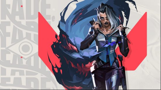 Official art for Fade, the newest Valorant character. She's walking tucking her collar up.