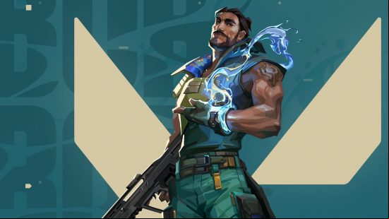 Valorant characters: Harbor stands before a teal background, with electricity cracking from his left hand, holding a weapon in the left.