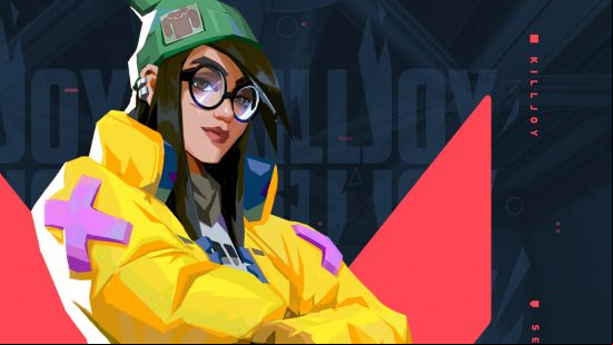 Concept art for Killjoy, one of the many Valorant characters. She stands with her arms crossed, her gun tucked underneath pointing downwards. She wears a bright yellow puffer jacket and a green teeny weeny beanie.