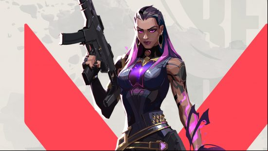Concept art for Reyna, one of the many Valorant characters, as she holds her gun pointing to the sky, she is lit by a pink glow.