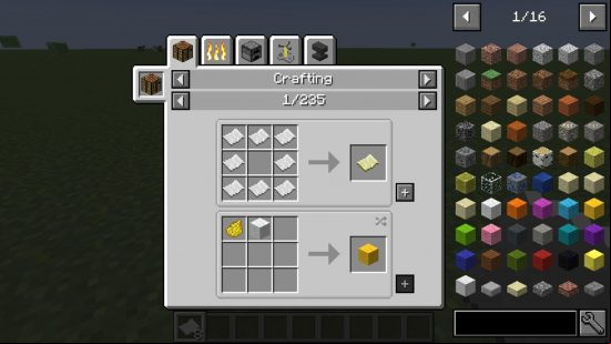 Best Minecraft mods - the  interface of the Just Enough Items mod, with the player crafting a map and a yellow wool block, and a long list of items on the right and side.