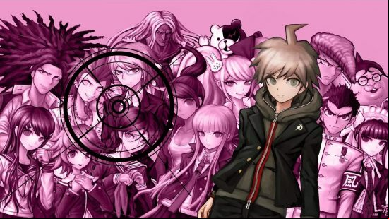Best anime games: Makoto and his classmates pose for the camera while a bullseye reticle es over them in Danganronpa: Trigger Happy Havoc, the first instalment in Spike Chunsoft's psychological horror series.