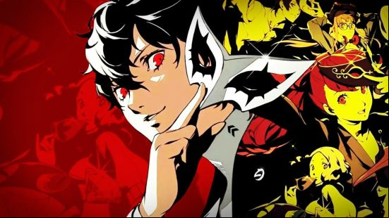 Best anime games: The Phantom Thief that serves as the protagonist for Persona 5 Royal holding his iconic mask, while a collage of the fellow students and thieves is arranged to behind him.