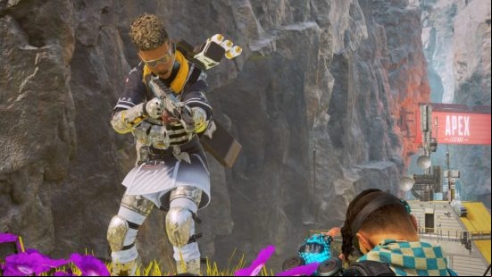 Best free PC games: Apex Legends. Image shows a colourfully dressed man aiming a gun at another man.