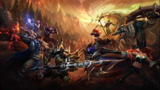 Best free PC games: League of Legends. Image shows a large group of warriors and fantastical creatures about to do battle.