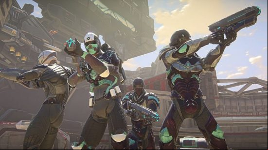 Best free PC games: Planetside 2. Image shows a group of four armed futuristic looking soldiers.