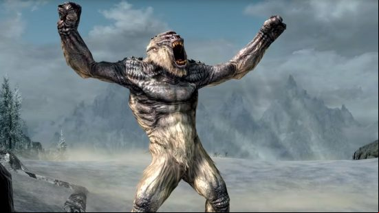 skyrim-console-commands-and-cheats-player-commands Skyrim console commands and cheats: A large three-eyed yeti roars, hands raised to the sky ist an icy landscape.